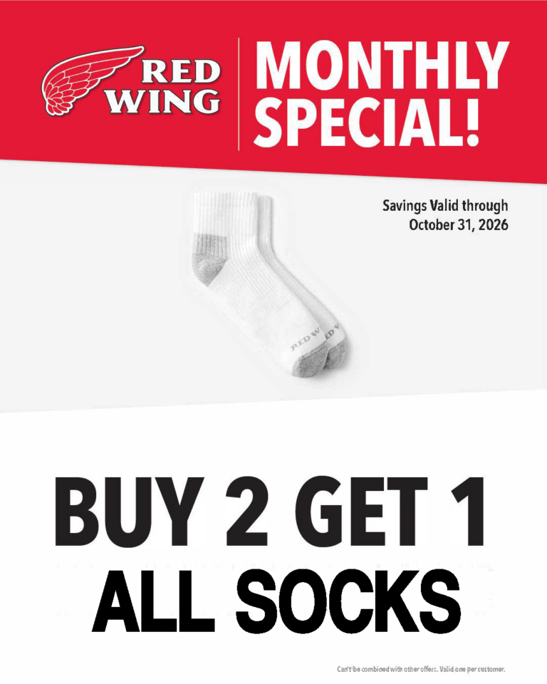 October 2026's special: buy 2 pairs of socks and get 1 free at red wing charlottesville